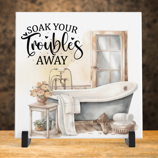 Bathroom Art: Decorative Ceramic Tile for Home - Stylish Wall Sign to Brighten Up Your Bathroom - Soak Your Troubles Away - Gallery Wall
