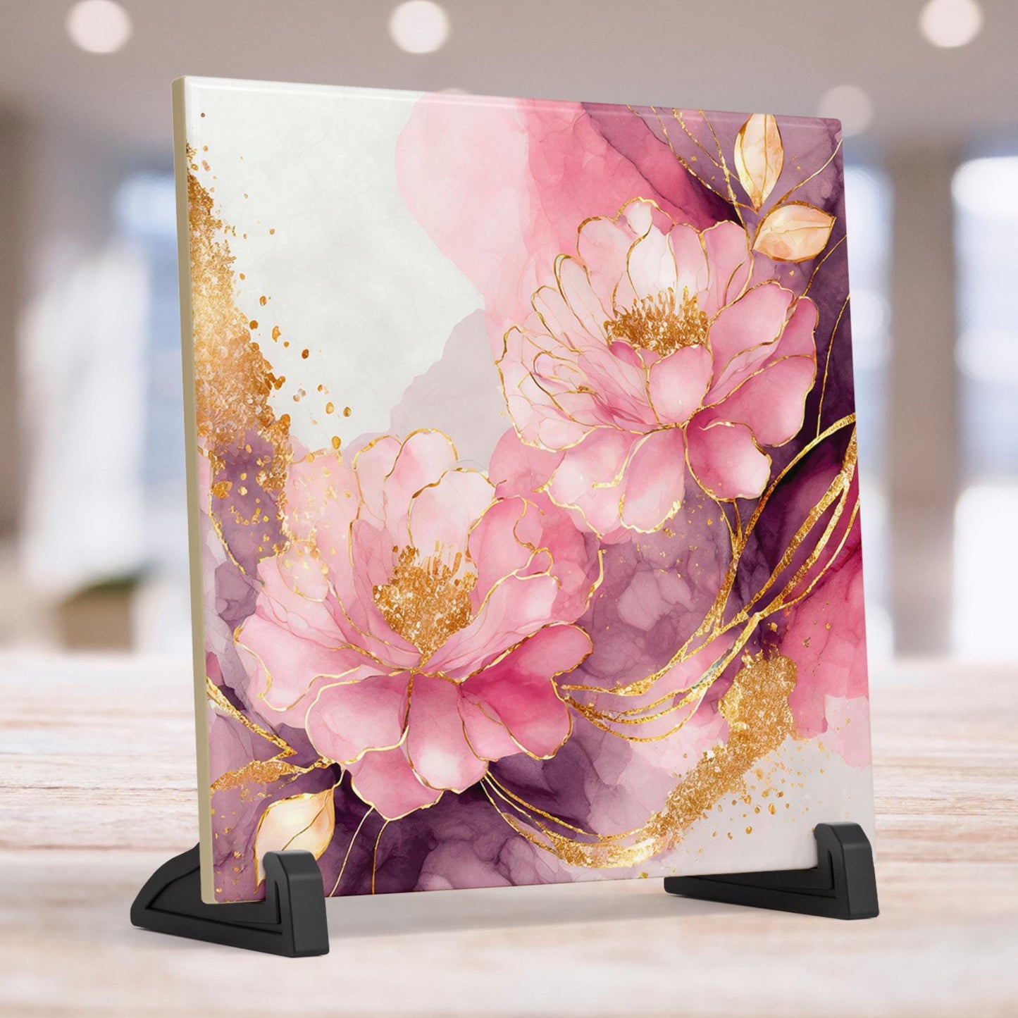 Pink Flowers Ceramic Tile, Handcrafted Pastel Floral Art, Great for Home Décor or Unique Gift for Garden Lovers - Abstract Floral Art Tile