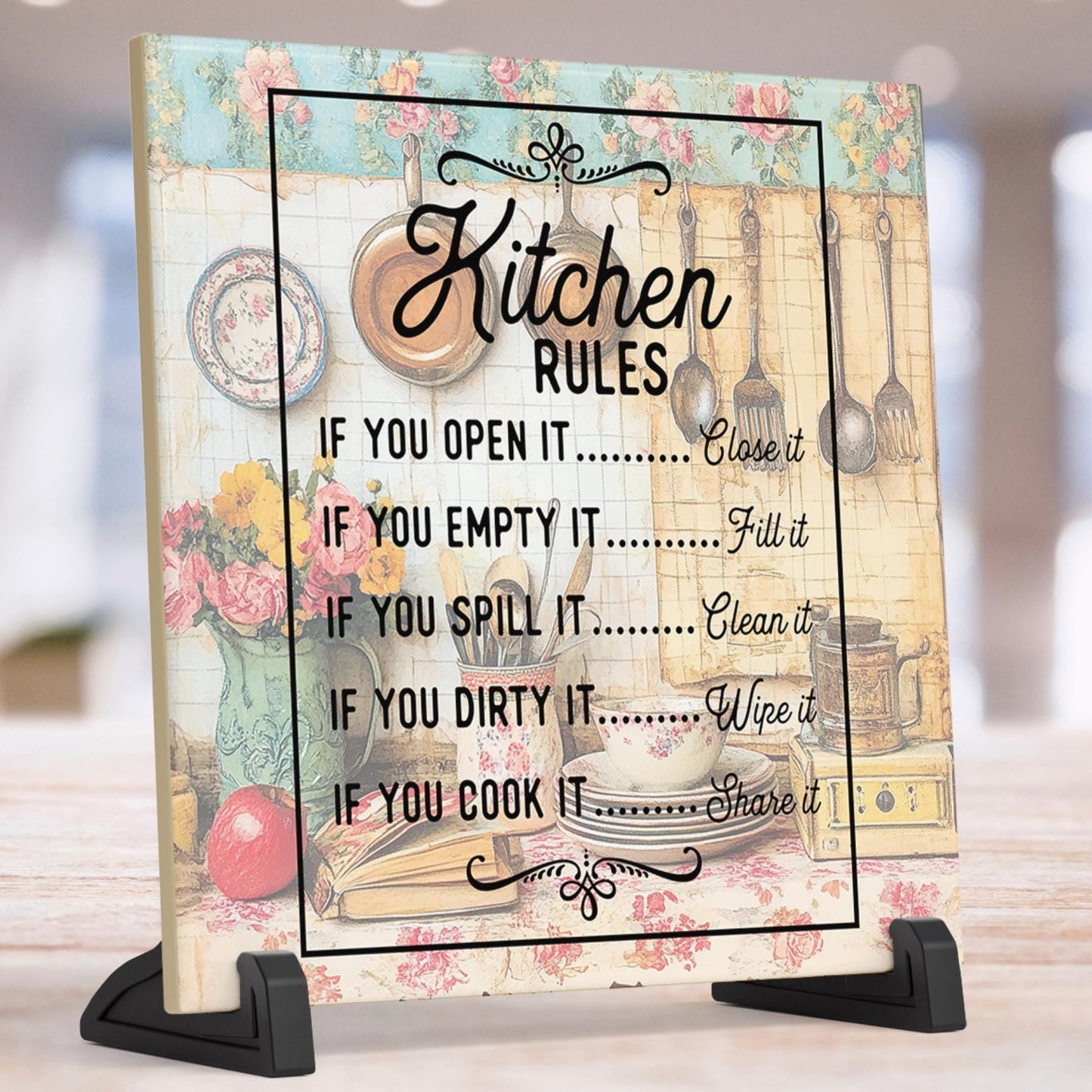 Kitchen Rules Ceramic Art Tile, Ceramic Wall Decor for a Meaningful Family Gift