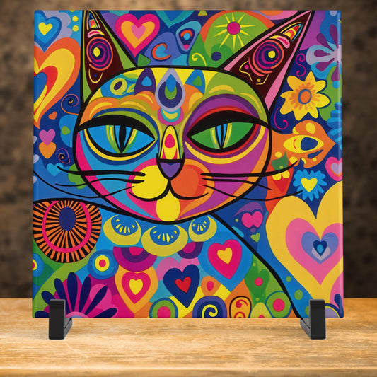 Cats Ceramic Decorative Tile Wall Art, Colorful Heart Accents to Cheer Up Your Space, Unique Gift for Cat Lovers - 6x6" Glossy Ceramic Tile