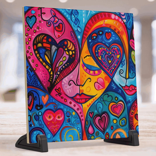 Whimsical Heart Tile Art, Brightly Colored Ceramic Decor Ideal for Valentine's Day,  Special Gift for Lovebirds and Loved Ones, Art Lovers