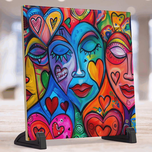 Whimsical Heart Tile Art II, Vibrant Colors Ceramic Decor Ideal for Valentine's Day,  Special Gift for Lovebirds and Loved Ones, Art Lovers