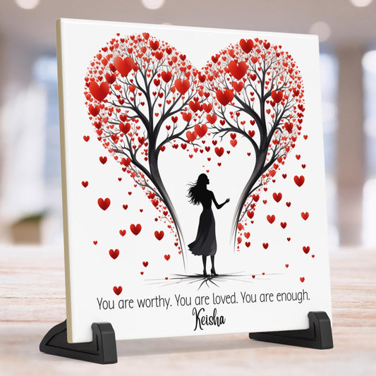 Ceramic Tile Heart Tree Art, Empowering "You Are Enough" Decor for Women, Thoughtful Gift for Friendship or Self-Care, Valentines Day Gift