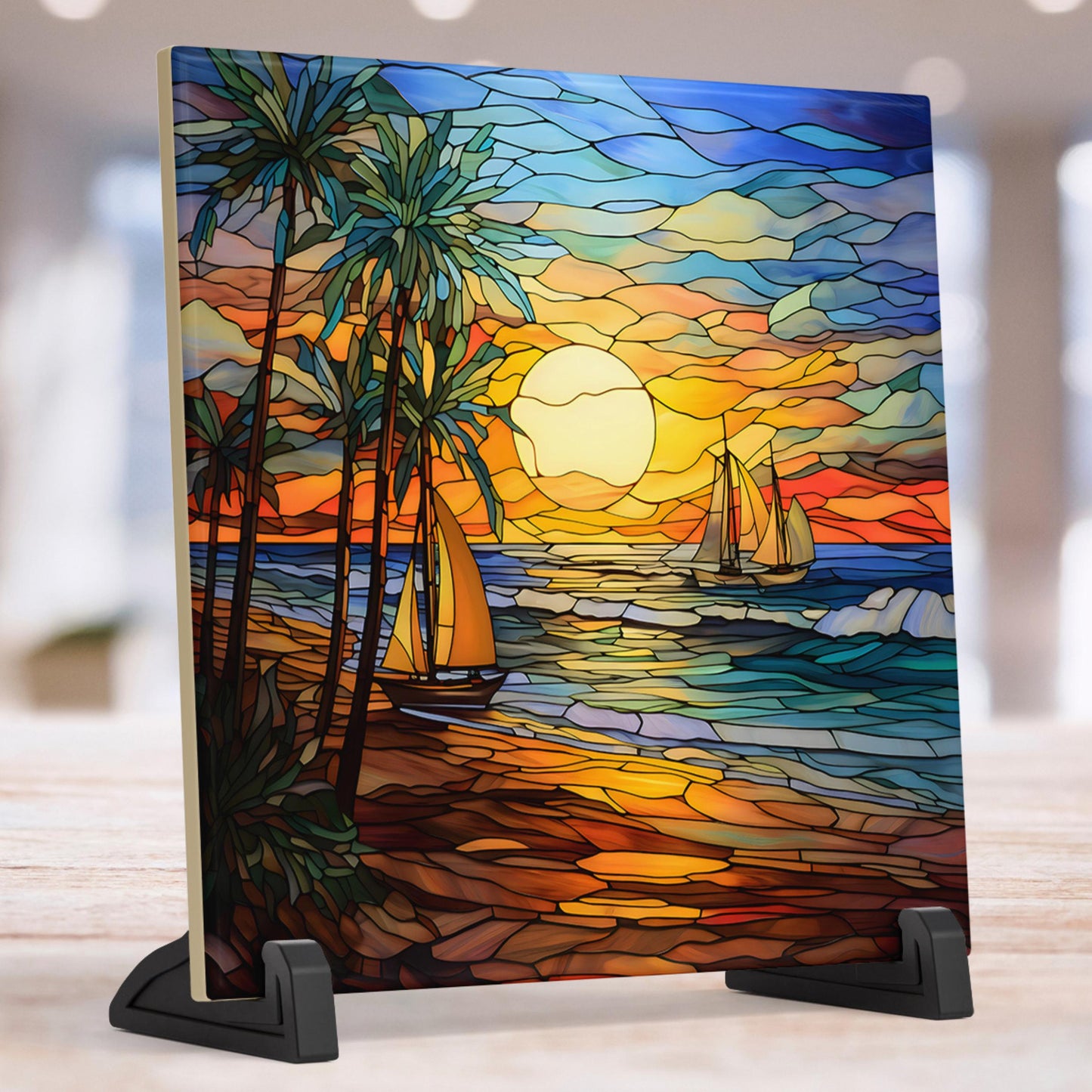 Ocean Waves Stained Glass Look Art, Beautiful Ceramic Tile for Artful Display and Perfect Gift Idea