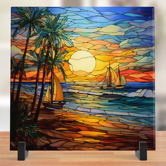 Ocean Waves Stained Glass Look Art, Beautiful Ceramic Tile for Artful Display and Perfect Gift Idea