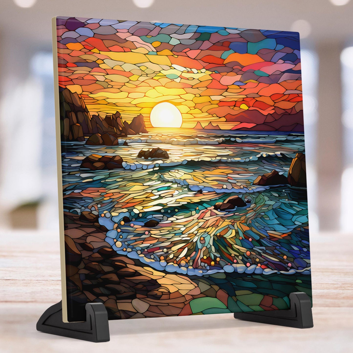 Ocean Waves Sunset II Stained Glass Look Art, Beautiful Ceramic Tile for Artful Display and Perfect Gift Idea