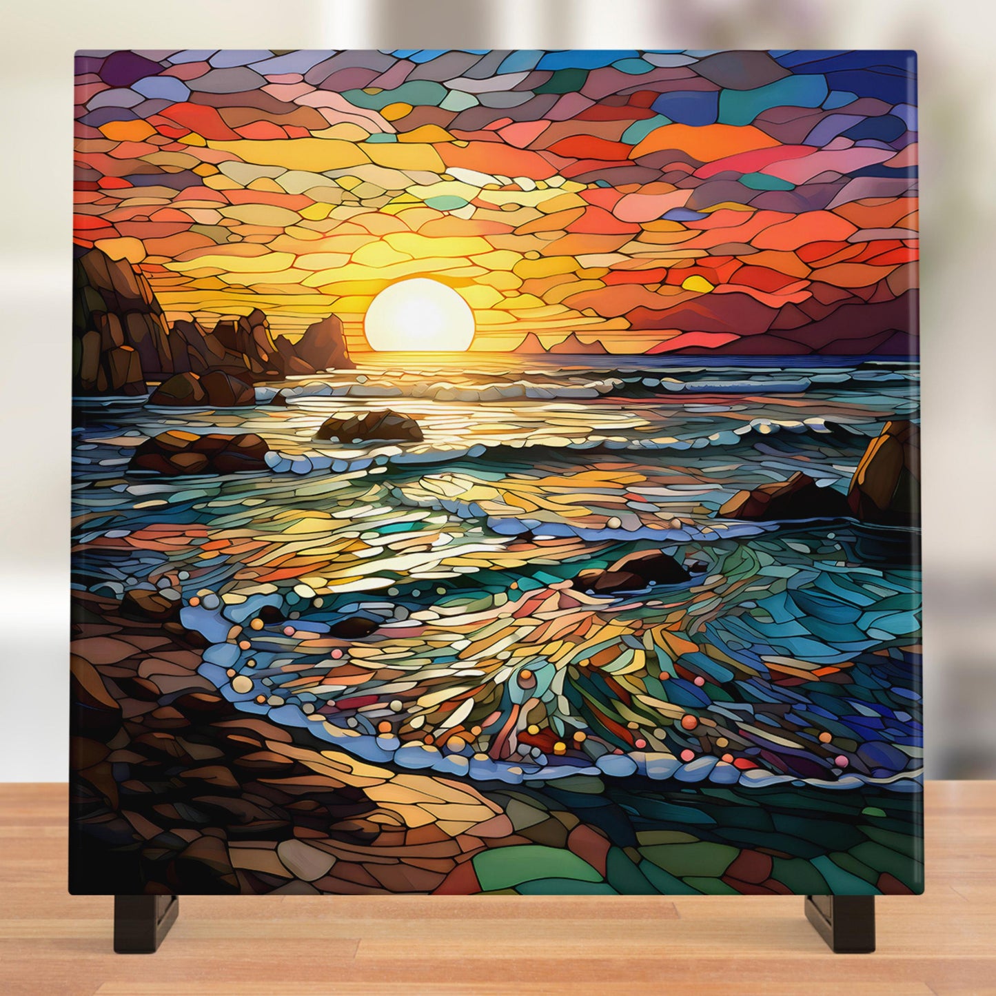 Ocean Waves Sunset II Stained Glass Look Art, Beautiful Ceramic Tile for Artful Display and Perfect Gift Idea