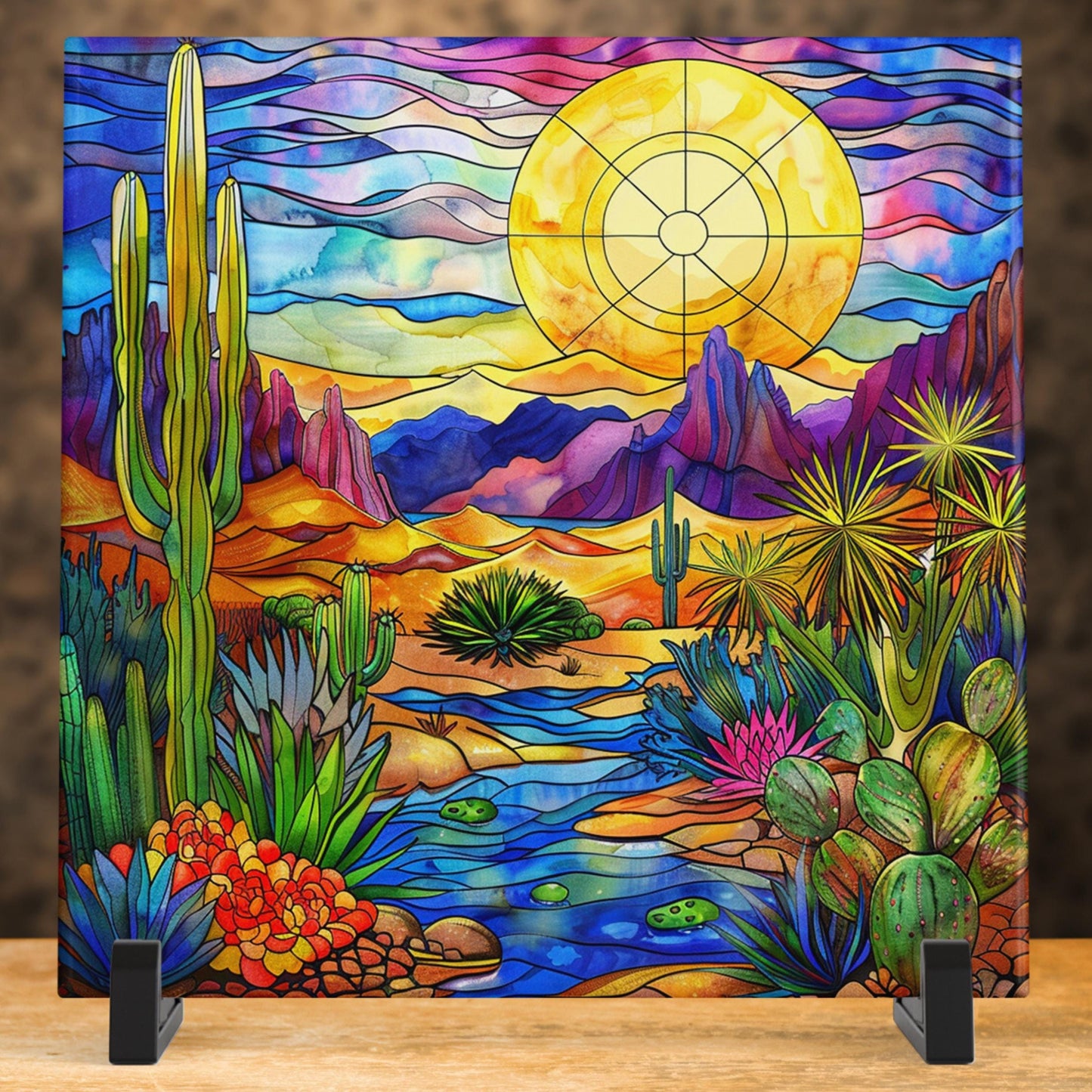 Desert Art Stained Glass Tile, Handmade Ceramic Wall Decor for Unique Home Accent, Perfect Nature Inspired Gift