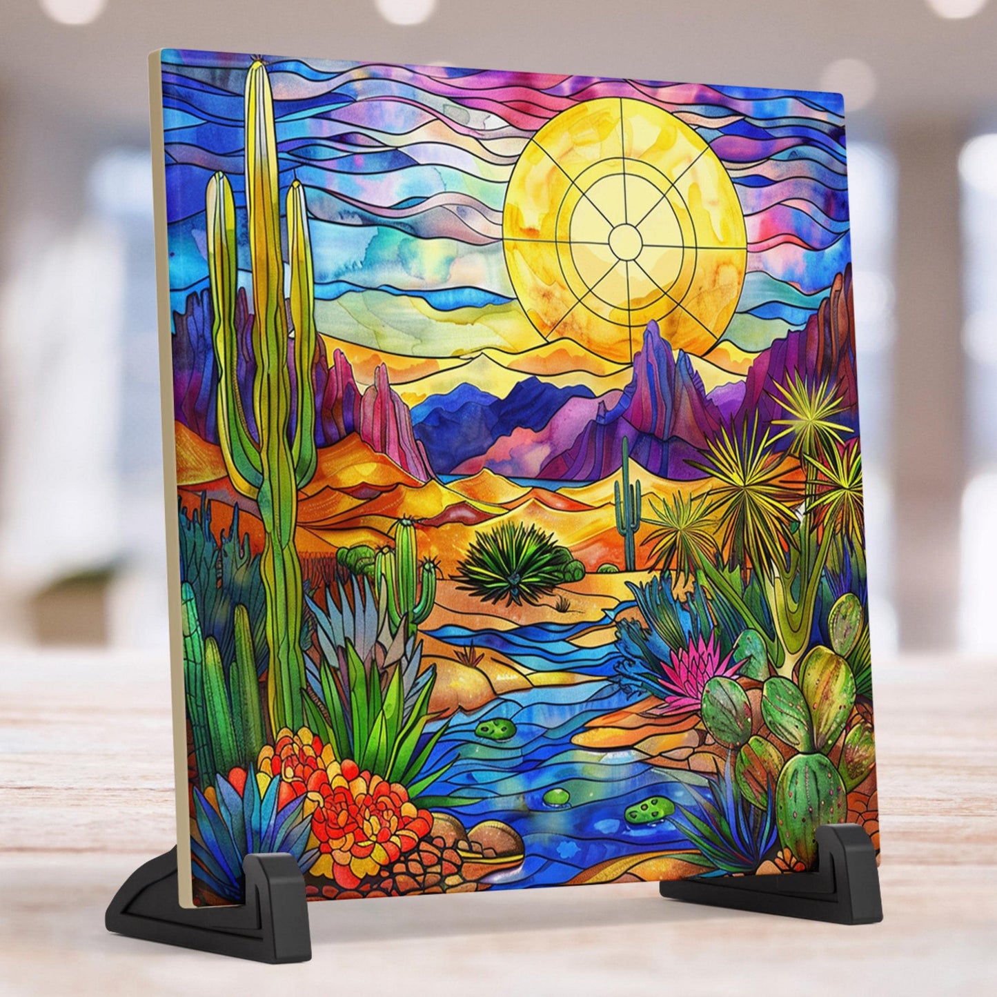 Desert Art Stained Glass Tile, Handmade Ceramic Wall Decor for Unique Home Accent, Perfect Nature Inspired Gift
