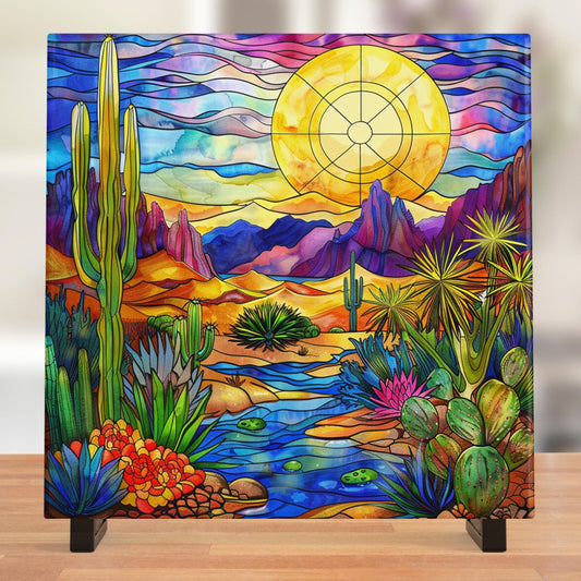 Desert Art Stained Glass Tile, Handmade Ceramic Wall Decor for Unique Home Accent, Perfect Nature Inspired Gift