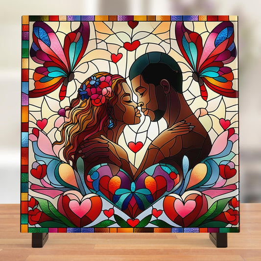 African Art - Celebrate Black Love - Ceramic Art Tile with Stained Glass Design - Unique Valentine's Day Gift - Black Art Gift