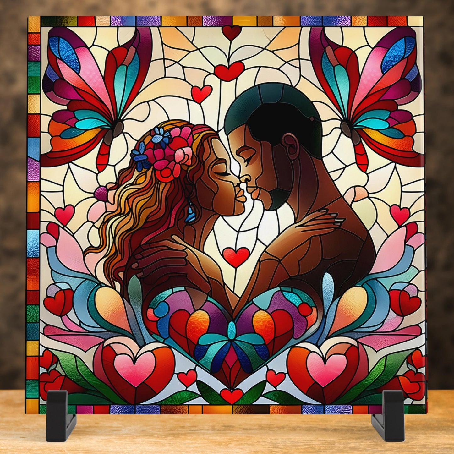African Art - Celebrate Black Love - Ceramic Art Tile with Stained Glass Design - Unique Valentine's Day Gift - Black Art Gift