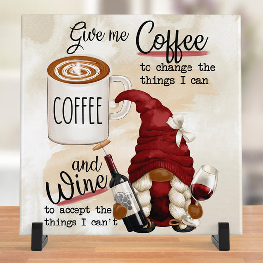 Give Me Coffee - Give Me Wine Ceramic Art Tile, Funny Gnome Kitchen Decor for Coffee & Wine Lovers, Charming Gift Idea