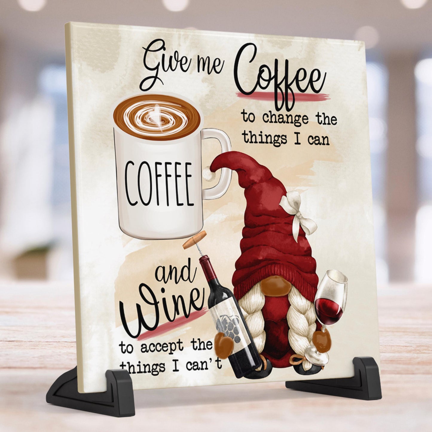 Give Me Coffee - Give Me Wine Ceramic Art Tile, Funny Gnome Kitchen Decor for Coffee & Wine Lovers, Charming Gift Idea