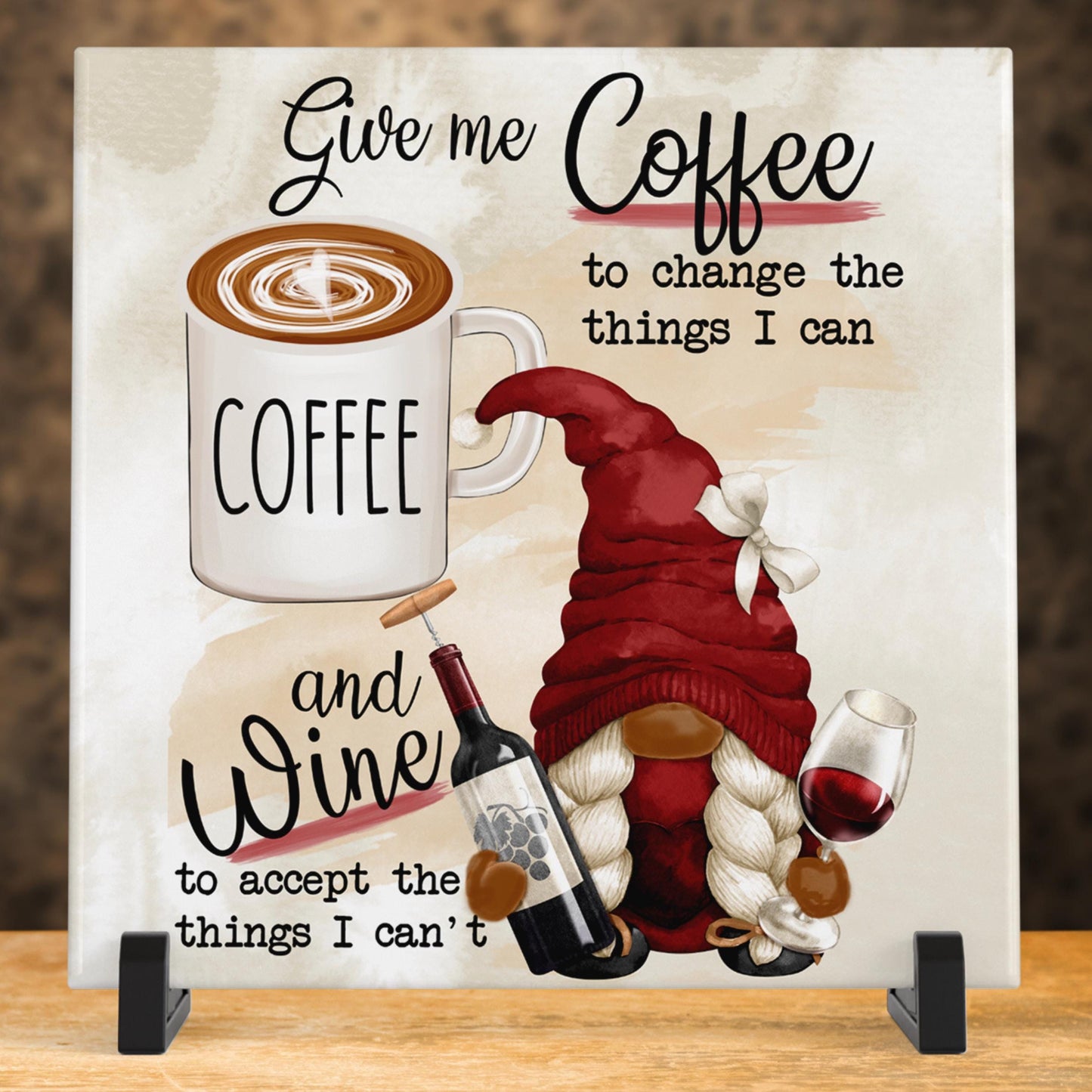 Give Me Coffee - Give Me Wine Ceramic Art Tile, Funny Gnome Kitchen Decor for Coffee & Wine Lovers, Charming Gift Idea