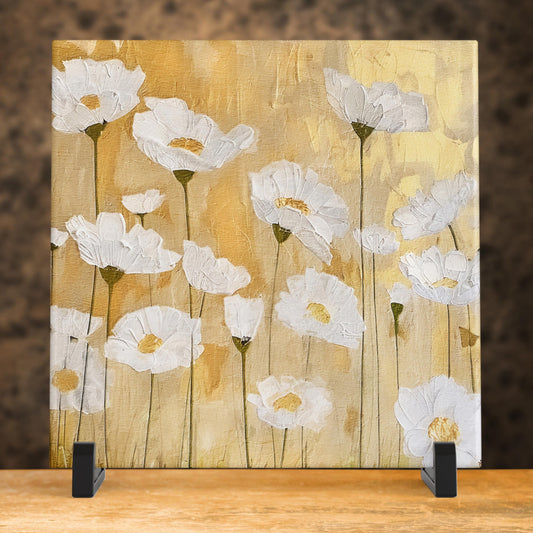 Ceramic Art Tile - Elegant Floral Print in Neutral Tones - Home Decor - Abstract Flower - Mixed Media Print - Thoughtful Gift