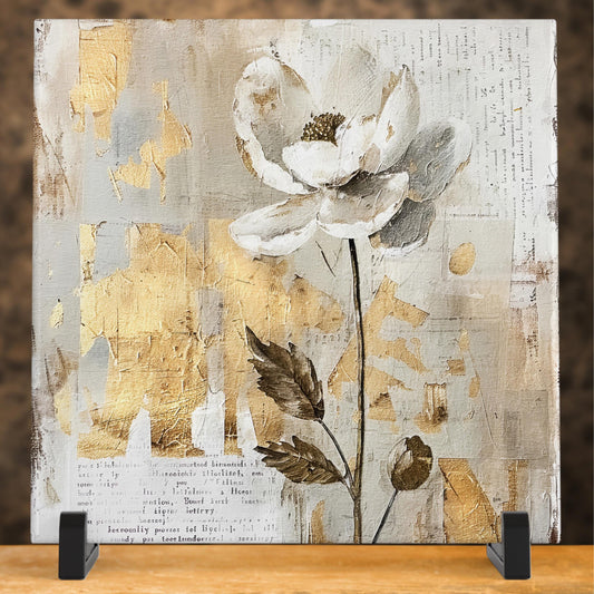 Ceramic Art Tile - Elegant Floral Print in Neutral Tones - Home Decor - Abstract Flower - Mixed Media Print - Thoughtful Gift