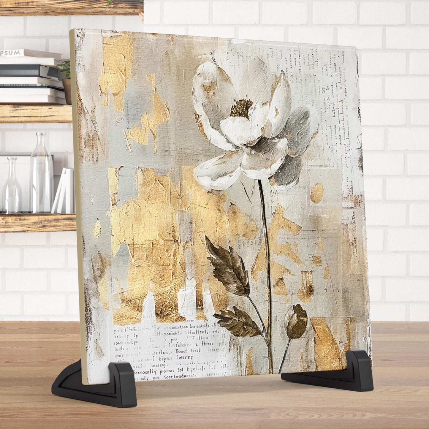 Ceramic Art Tile - Elegant Floral Print in Neutral Tones - Home Decor - Abstract Flower - Mixed Media Print - Thoughtful Gift