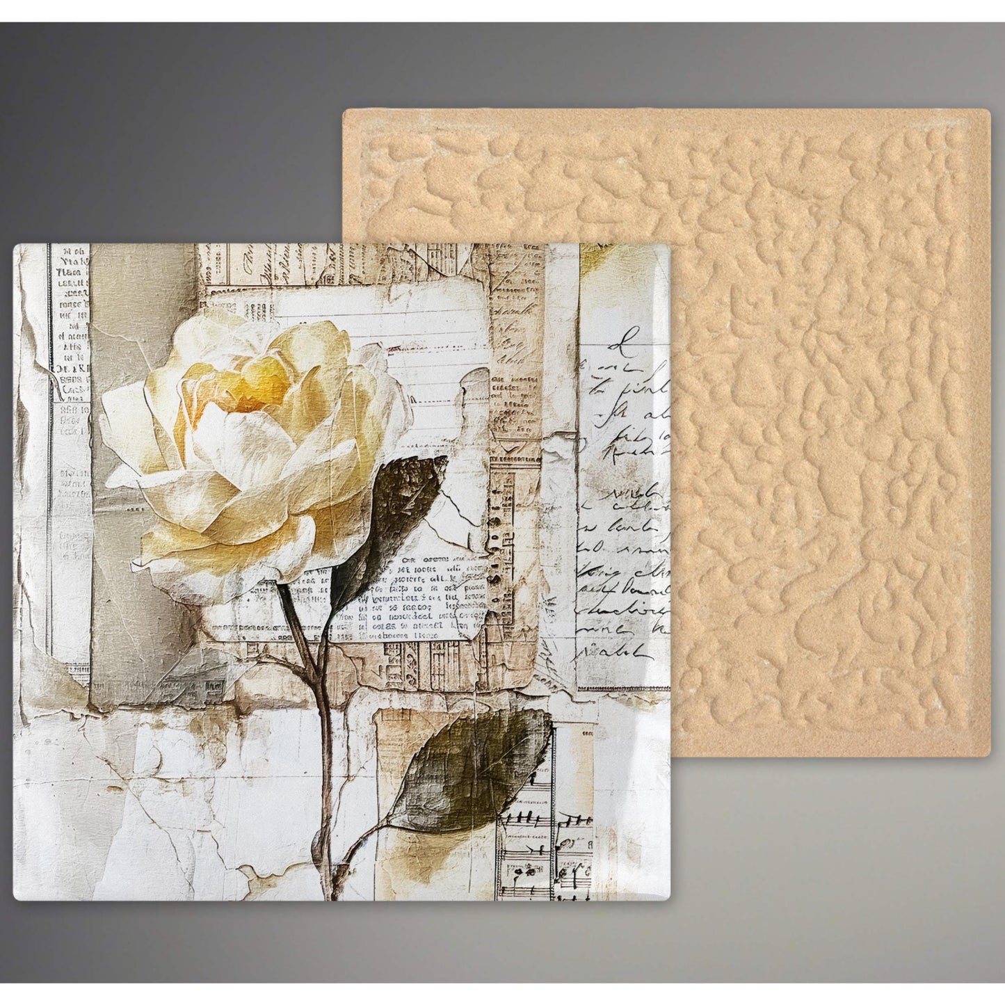 Ceramic Art Tile - Elegant Floral Print in Neutral Tones - Home Decor - Abstract Flower - Mixed Media Print - Thoughtful Gift