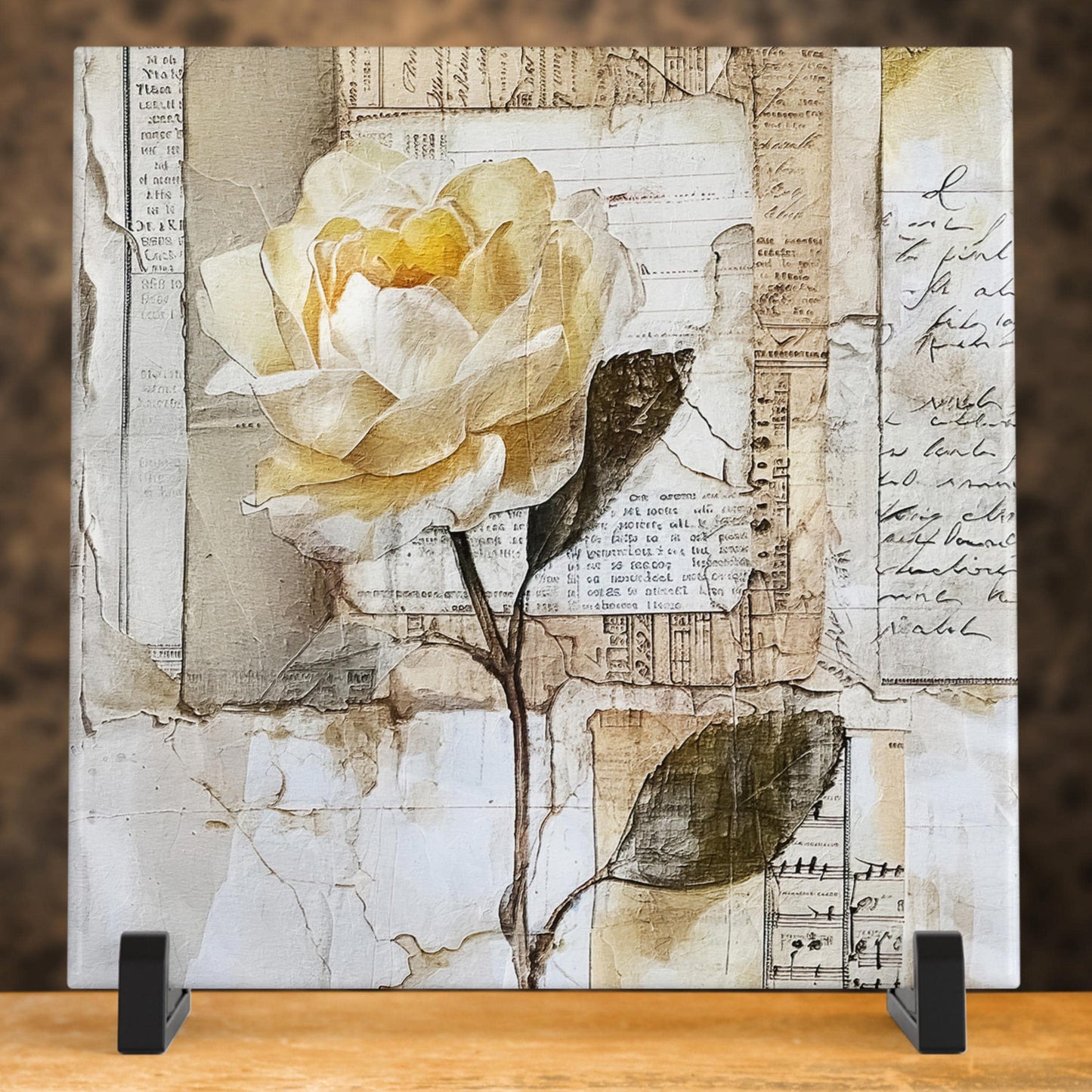 Ceramic Art Tile - Elegant Floral Print in Neutral Tones - Home Decor - Abstract Flower - Mixed Media Print - Thoughtful Gift