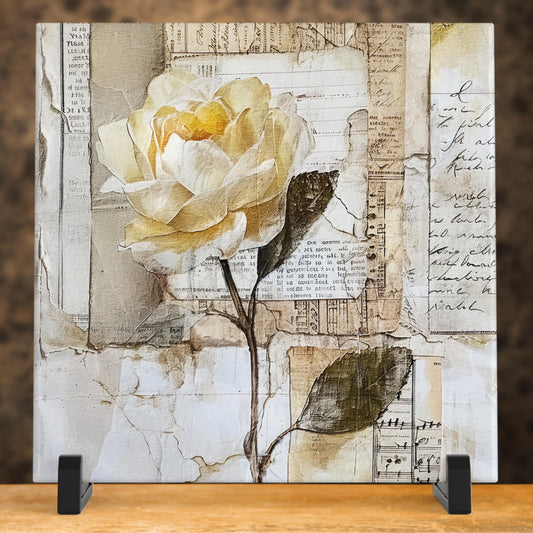 Ceramic Art Tile - Elegant Floral Print in Neutral Tones - Home Decor - Abstract Flower - Mixed Media Print - Thoughtful Gift