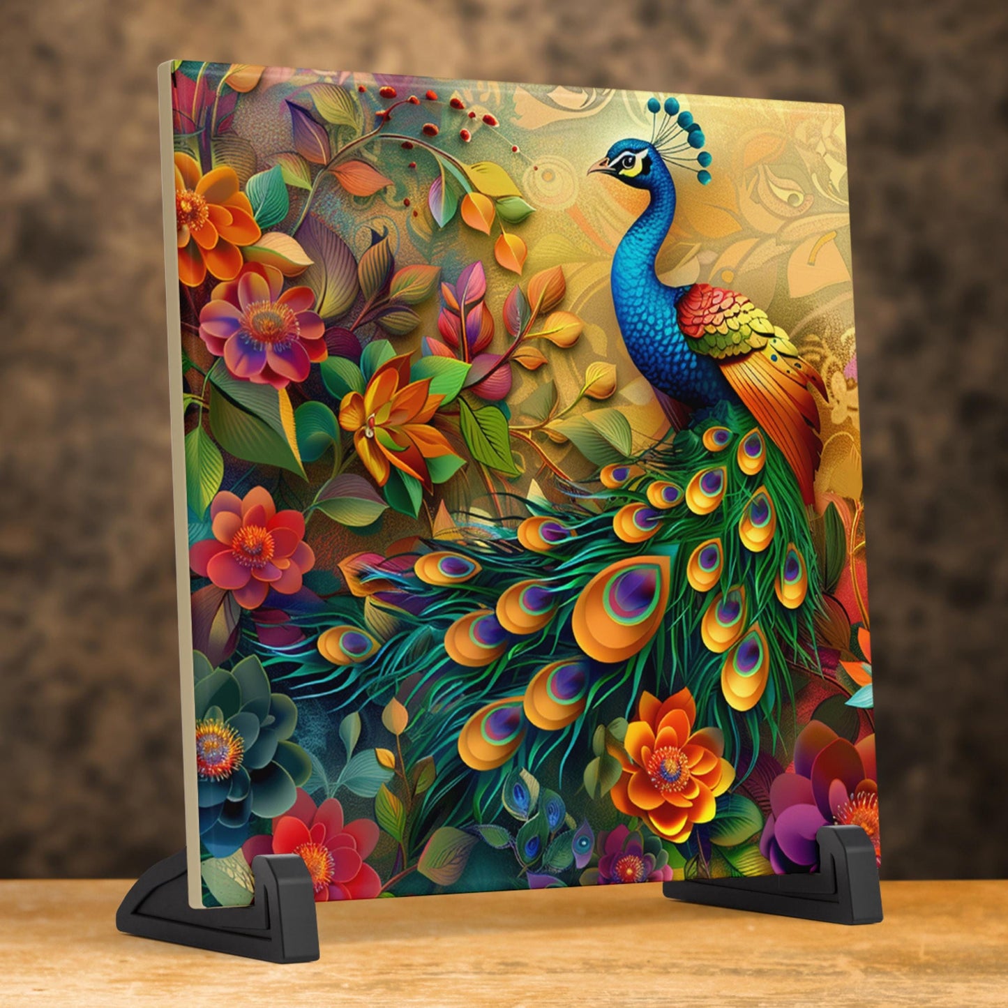 Peacock Ceramic Tile Art, Vibrant Art Nouveau Wall Hanging, Custom Home Decor, Unique Gift for Exotic Bird Lovers