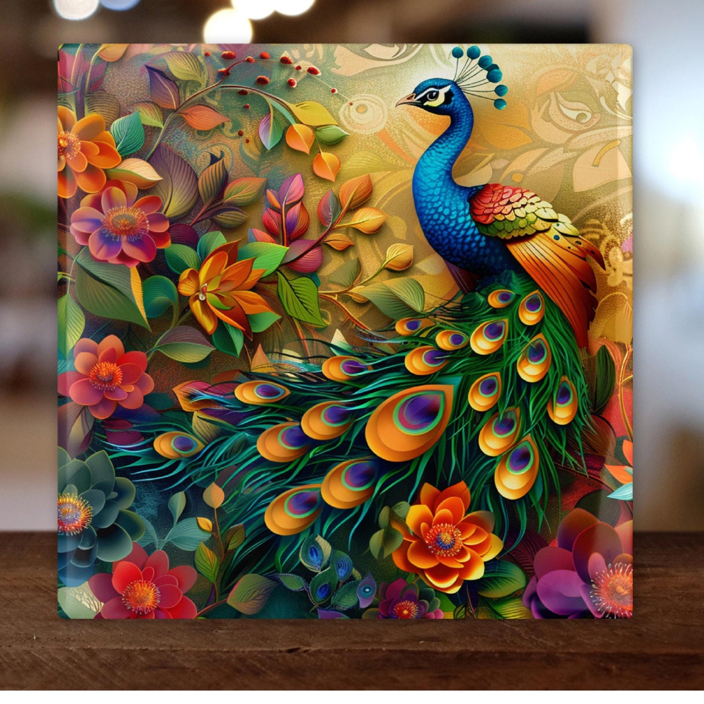 Peacock Ceramic Tile Art, Vibrant Art Nouveau Wall Hanging, Custom Home Decor, Unique Gift for Exotic Bird Lovers