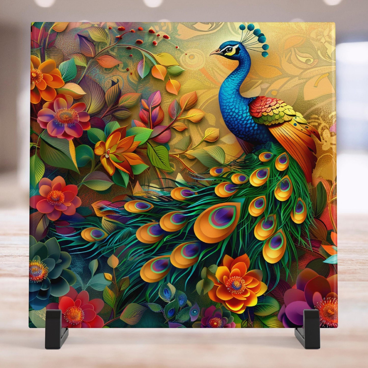Peacock Ceramic Tile Art, Vibrant Art Nouveau Wall Hanging, Custom Home Decor, Unique Gift for Exotic Bird Lovers