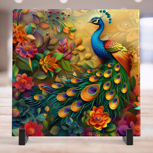 Peacock Ceramic Tile Art, Vibrant Art Nouveau Wall Hanging, Custom Home Decor, Unique Gift for Exotic Bird Lovers