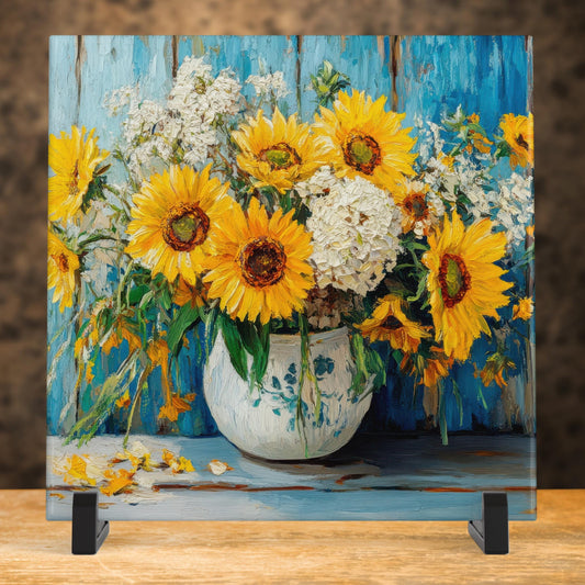 Farmhouse Sunflower Ceramic Tile Art - Rustic Decorative Shelf Decor for Home Accents and Unique Gift Ideas