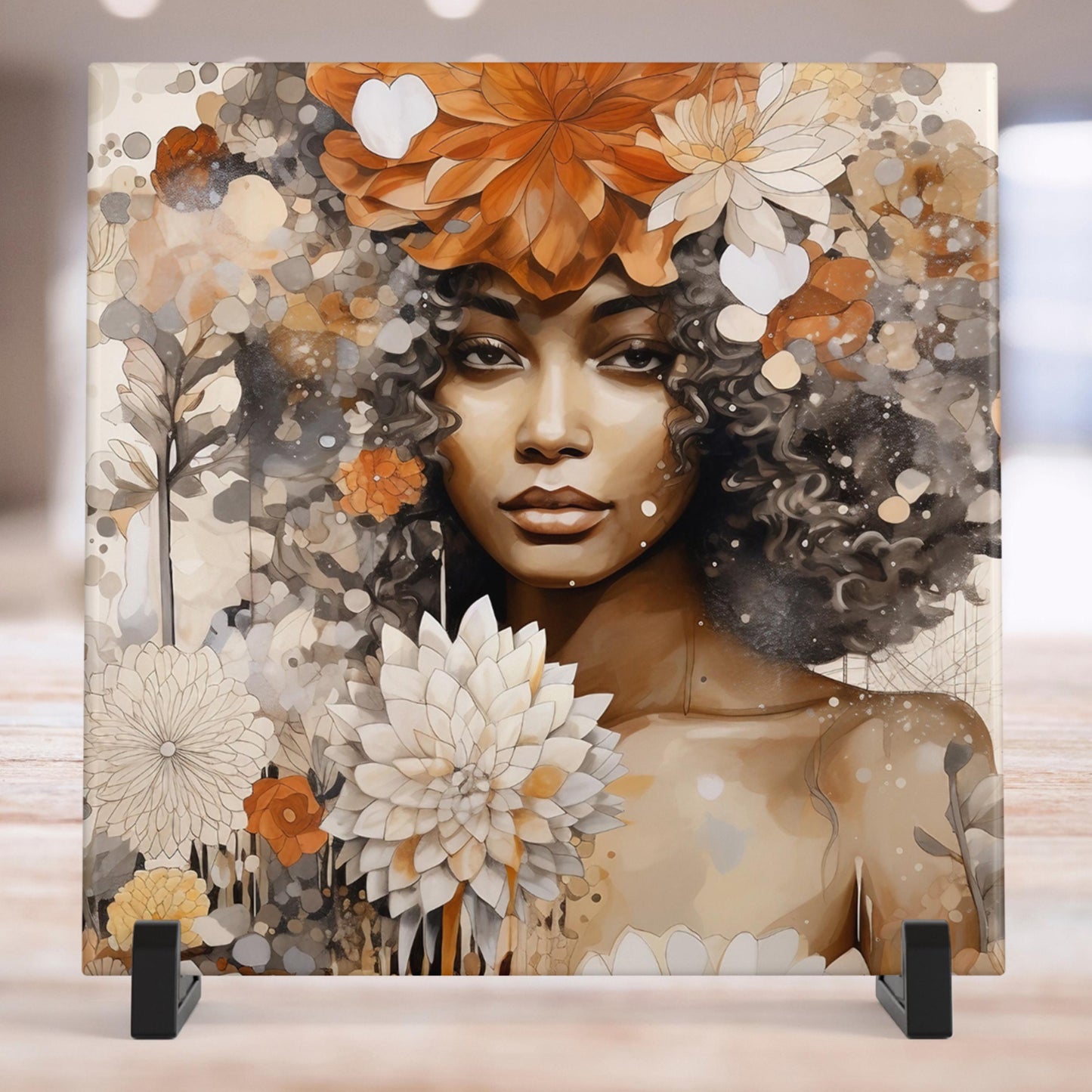 Ceramic Art Tile - Striking Abstract Floral Print of African American Woman - Beautiful Home Decor Accent - Unique Gift for Her