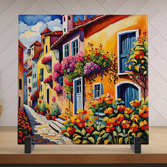 Village Streetscape with Flowers Tile, Handmade Ceramic Wall Decor for Unique Home Accent, Perfect Nature Inspired Gift - Style #2