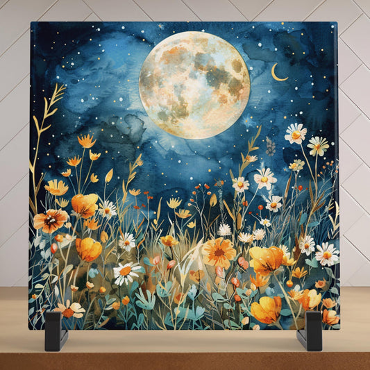 Wildflower Watercolor Art Tile - Moonlight Floral Ceramic Wall Decor - Romantic Home Accent - Thoughtful Gift for Nature Lovers
