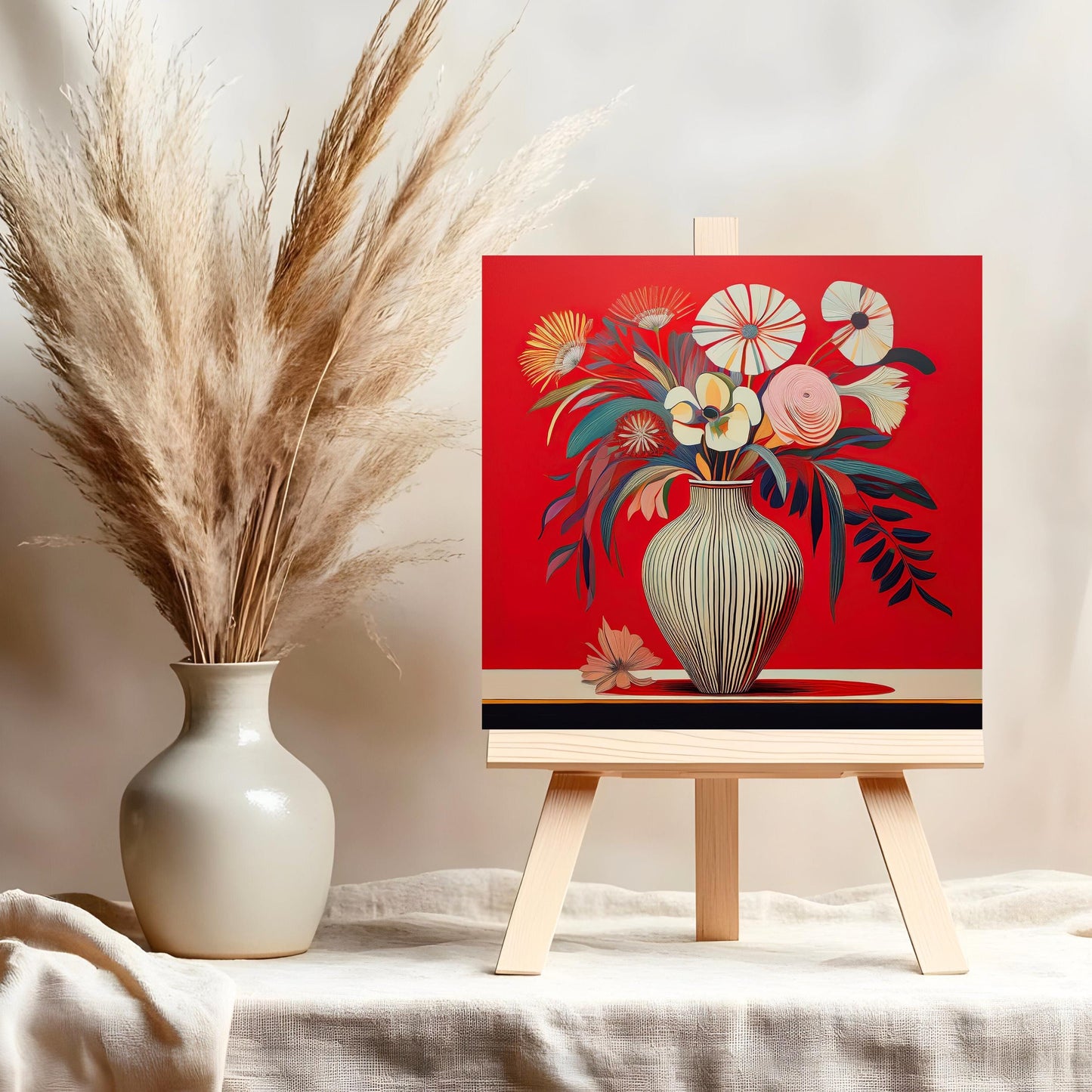 Red Art Flowers Ceramic Tile, Unique Floral Wall Art, Contemporary Botanical Decor, Handmade Nature Gift, Flower Art