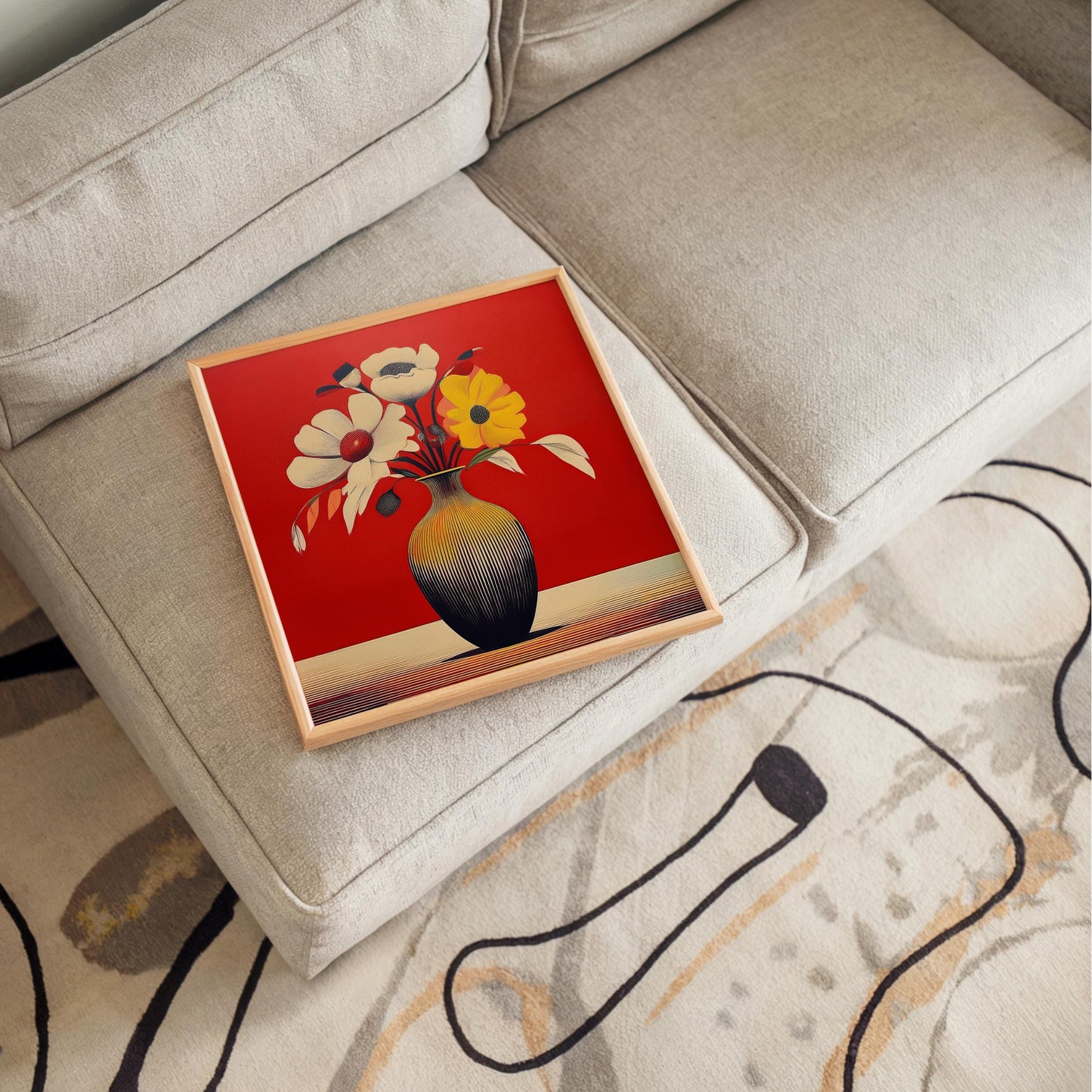 Floral Bouquet in Vase Ceramic Art Tile, Vibrant Abstract Flowers Wall Tile, Perfect Nature Inspired Gift, Contemporary Red Art