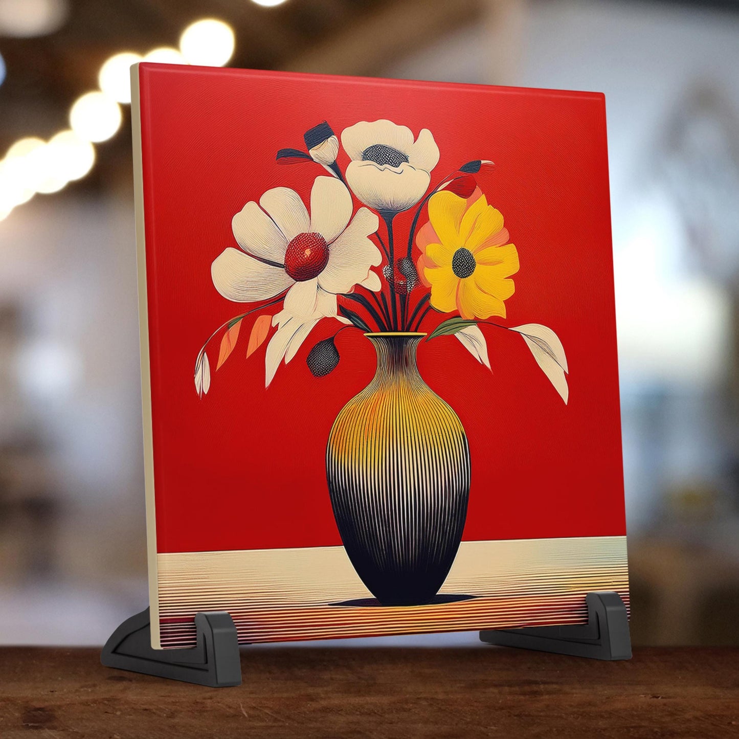 Floral Bouquet in Vase Ceramic Art Tile, Vibrant Abstract Flowers Wall Tile, Perfect Nature Inspired Gift, Contemporary Red Art