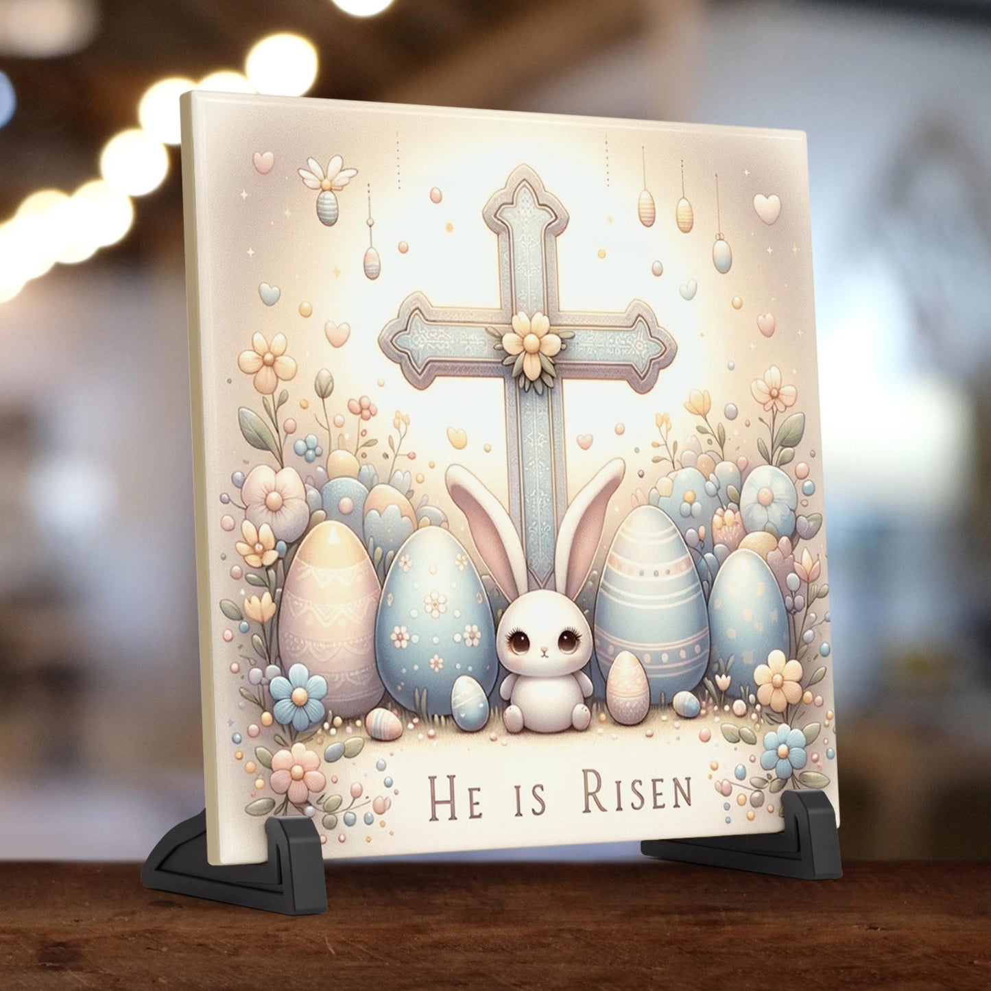 Easter Bunny Ceramic Tile, He Is Risen Christian Art, Religious Nursery Decor Sign, Perfect for Easter Gift