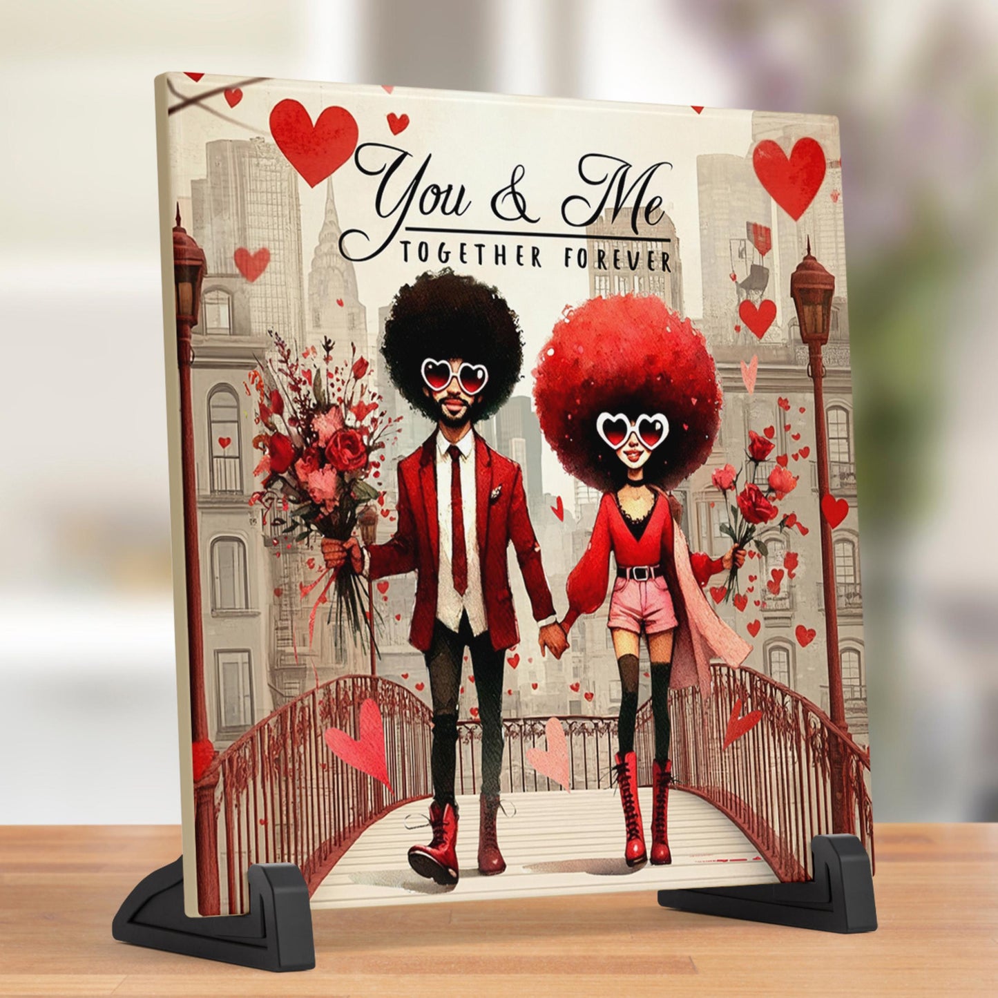 Ceramic Art Tile | Whimsical African American Couple Wall Art | Unique Home Decor Accent | Loving Valentines Day Gift for Her