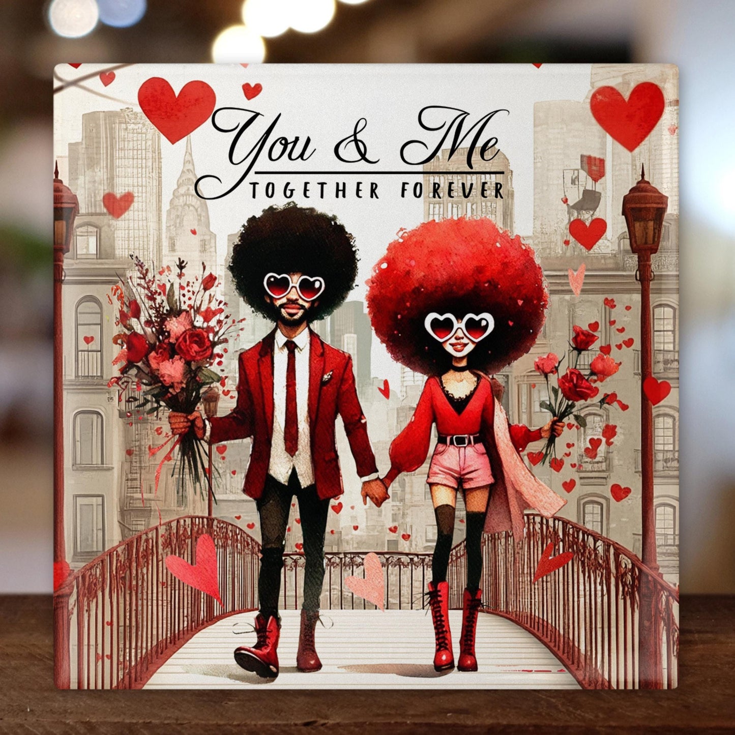 Ceramic Art Tile | Whimsical African American Couple Wall Art | Unique Home Decor Accent | Loving Valentines Day Gift for Her