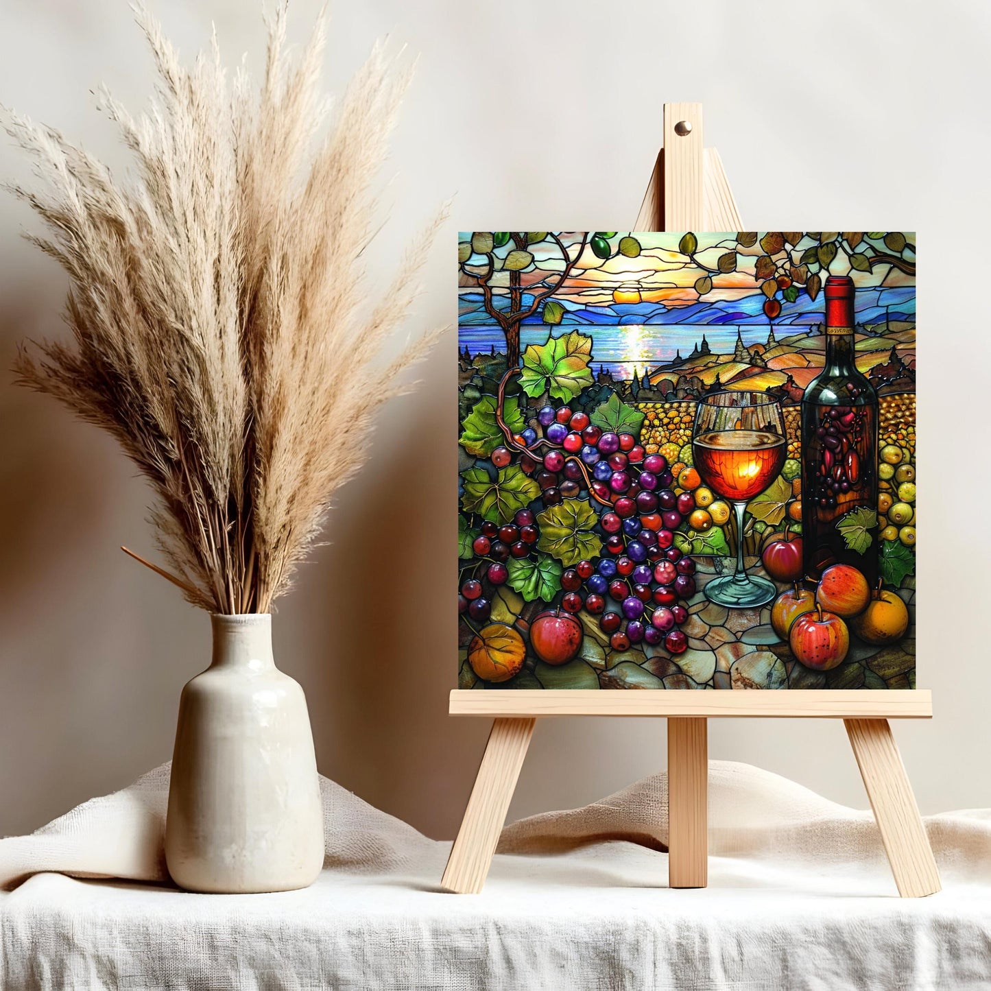 Wine Vineyard - Ceramic Art Tile, Stained Glass Accent for Kitchen Decor, Unique Wall Art Gift for Wine Lovers