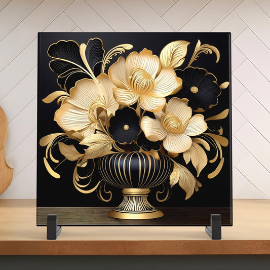 Art Deco Black and Gold Flowers in Vase Ceramic Tile Art - Stunning Art Nouveau Decorative Wall Hanging - Elegant Home Decor