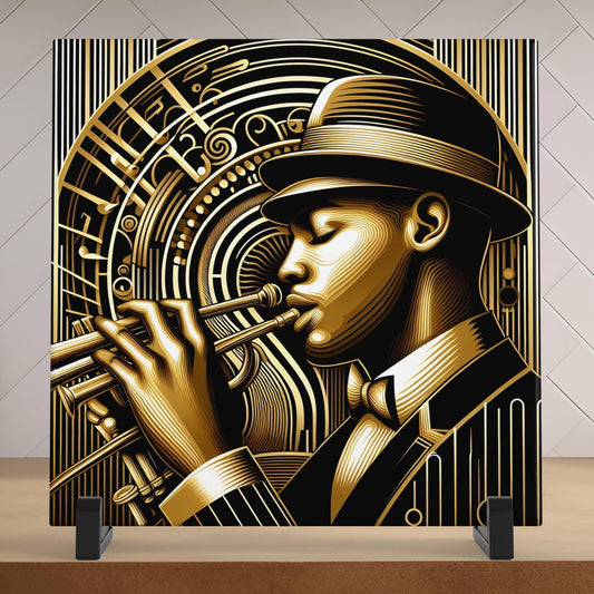 Art Nouveau Ceramic Tile -  New Orleans Jazz Player - Art Deco  Stunning Black and Gold Decorative Wall Hanging - Black Art - Home Decor