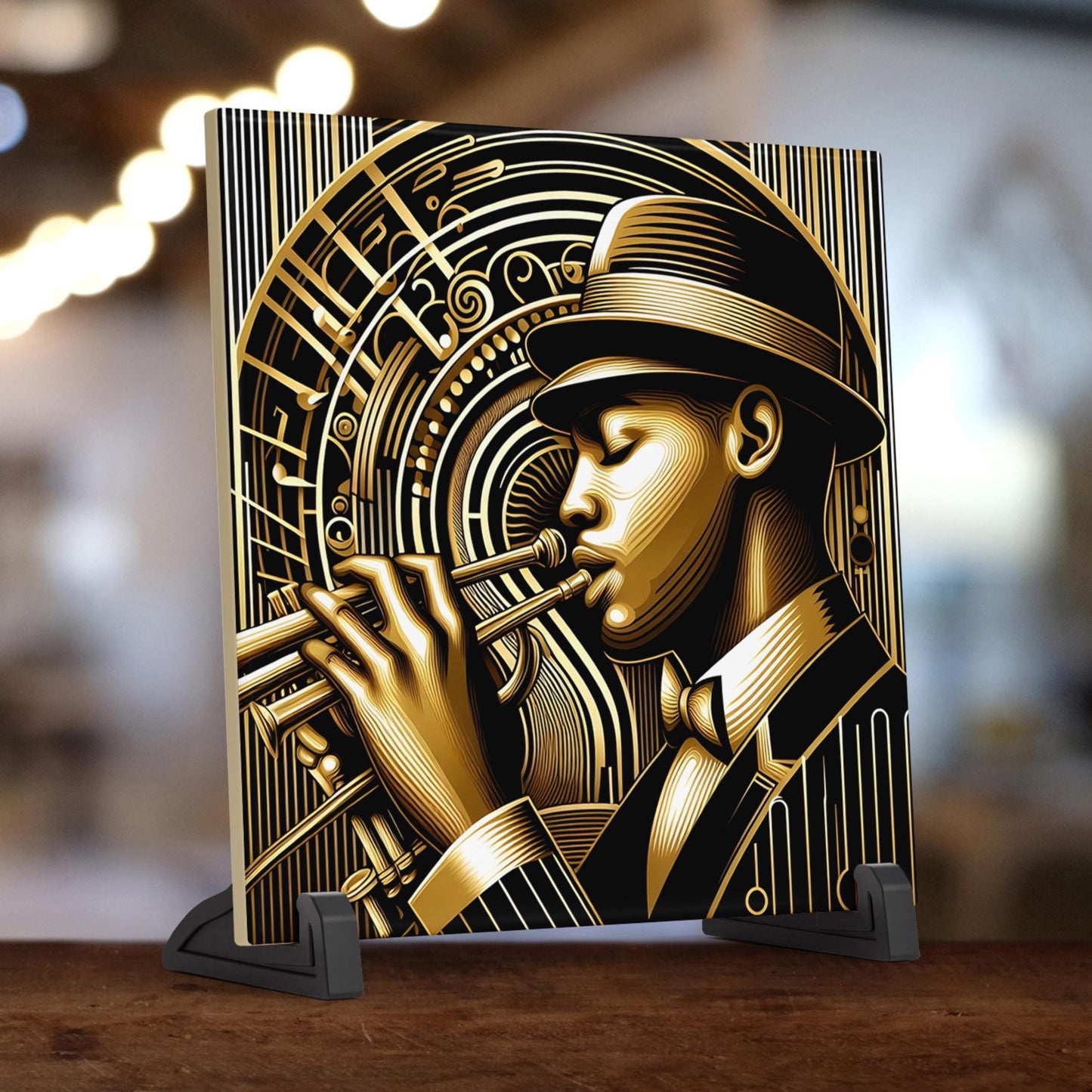Art Nouveau Ceramic Tile -  New Orleans Jazz Player - Art Deco  Stunning Black and Gold Decorative Wall Hanging - Black Art - Home Decor