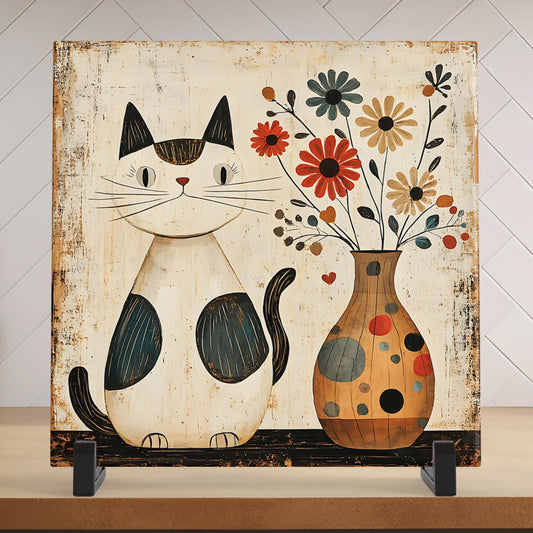 Vintage Cat with Flowers Ceramic Tile Art - Retro Wall Art -  Unique Funky Decor for Cat Enthusiasts -  Minimalist Home Accessories
