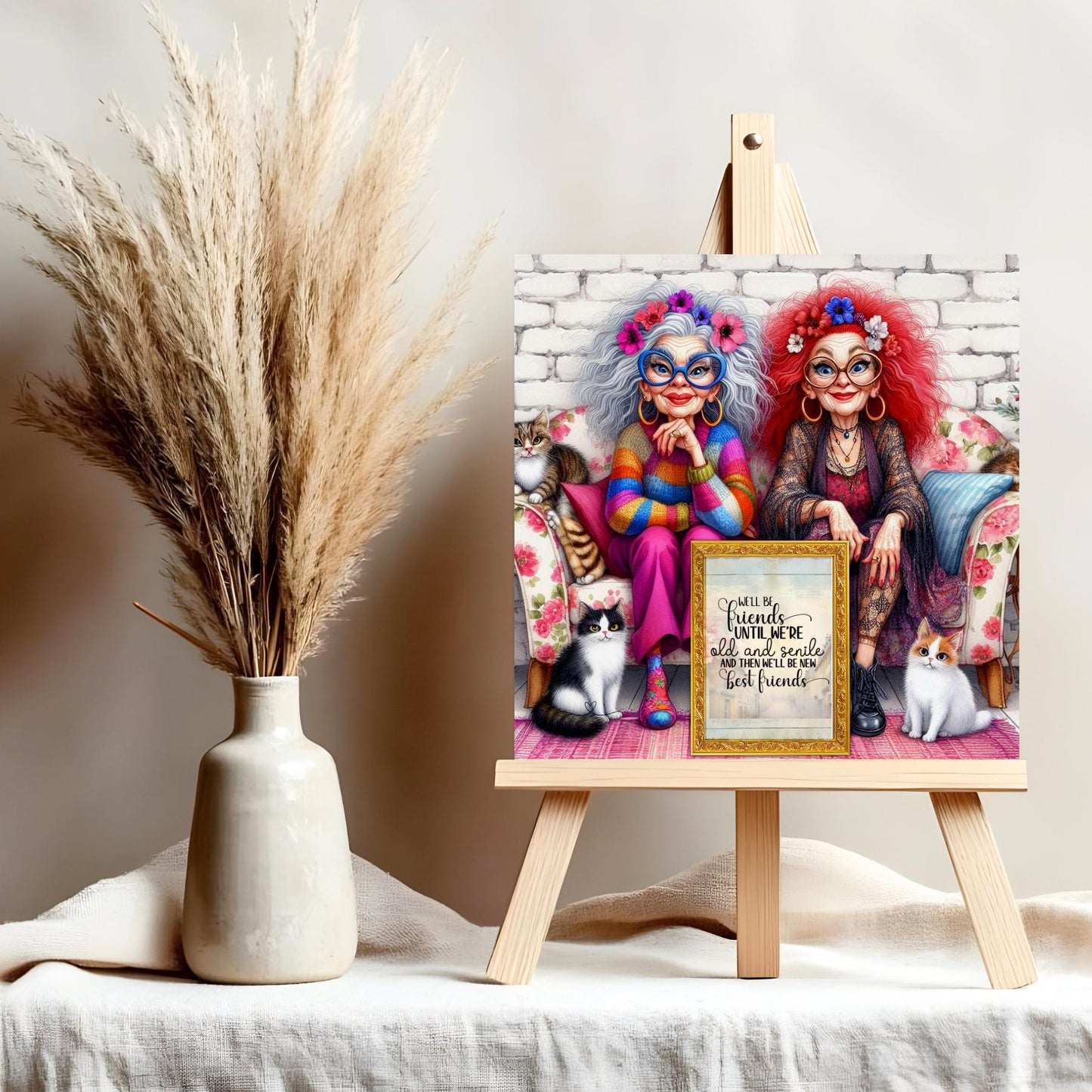 Quirky Women Best Friend Art Tile, Funny "We'll Be Best Friends Until We're Old & Senile" Decor, Hilarious Gift for Your Bestie