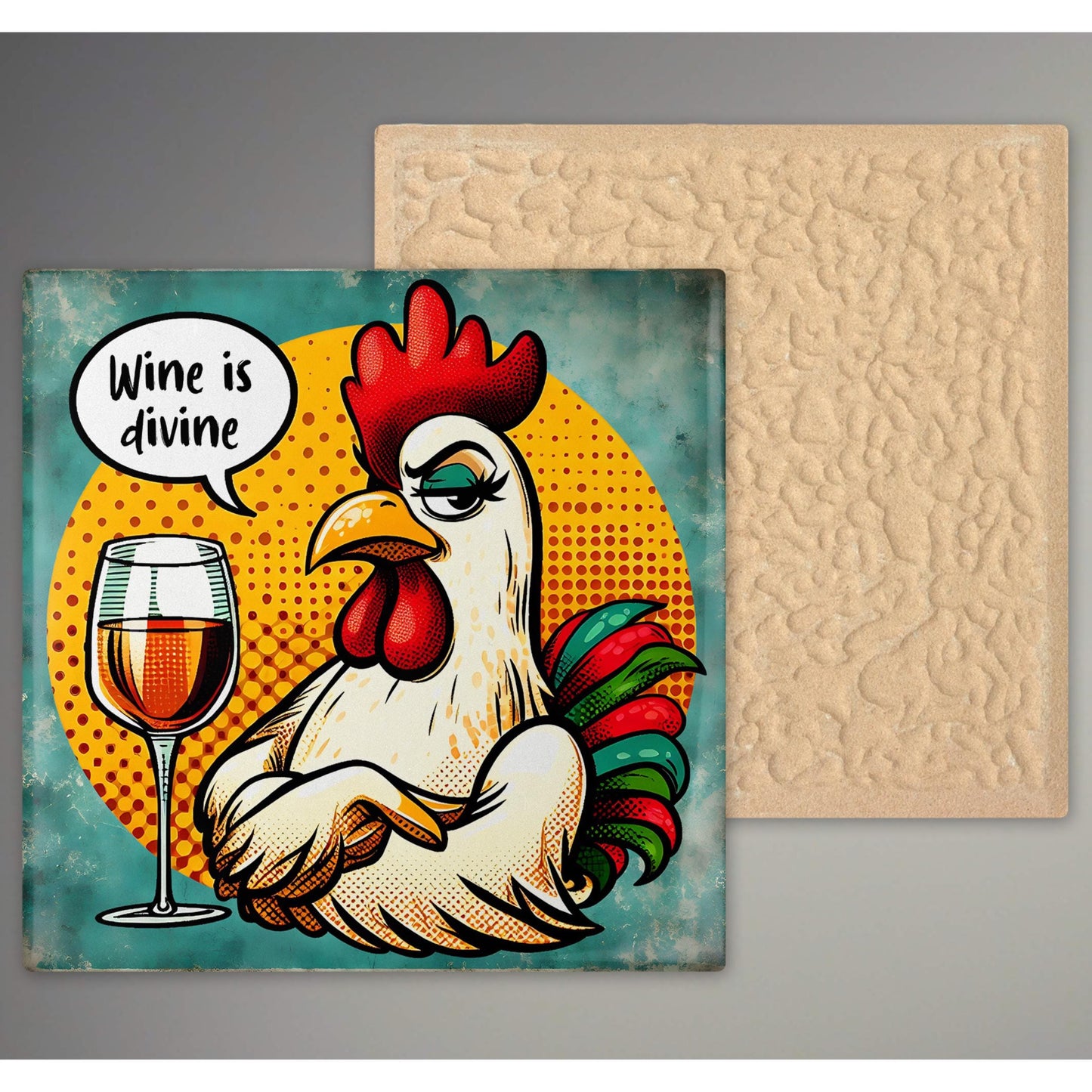 Funny Kitchen Art - Comical Chicken Wine Lover's Ceramic Tile - Great Housewarming Gift Idea - Home Decor