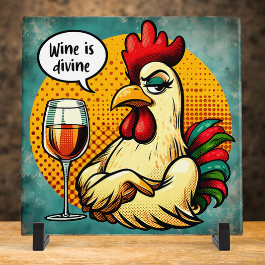 Funny Kitchen Art - Comical Chicken Wine Lover's Ceramic Tile - Great Housewarming Gift Idea - Home Decor