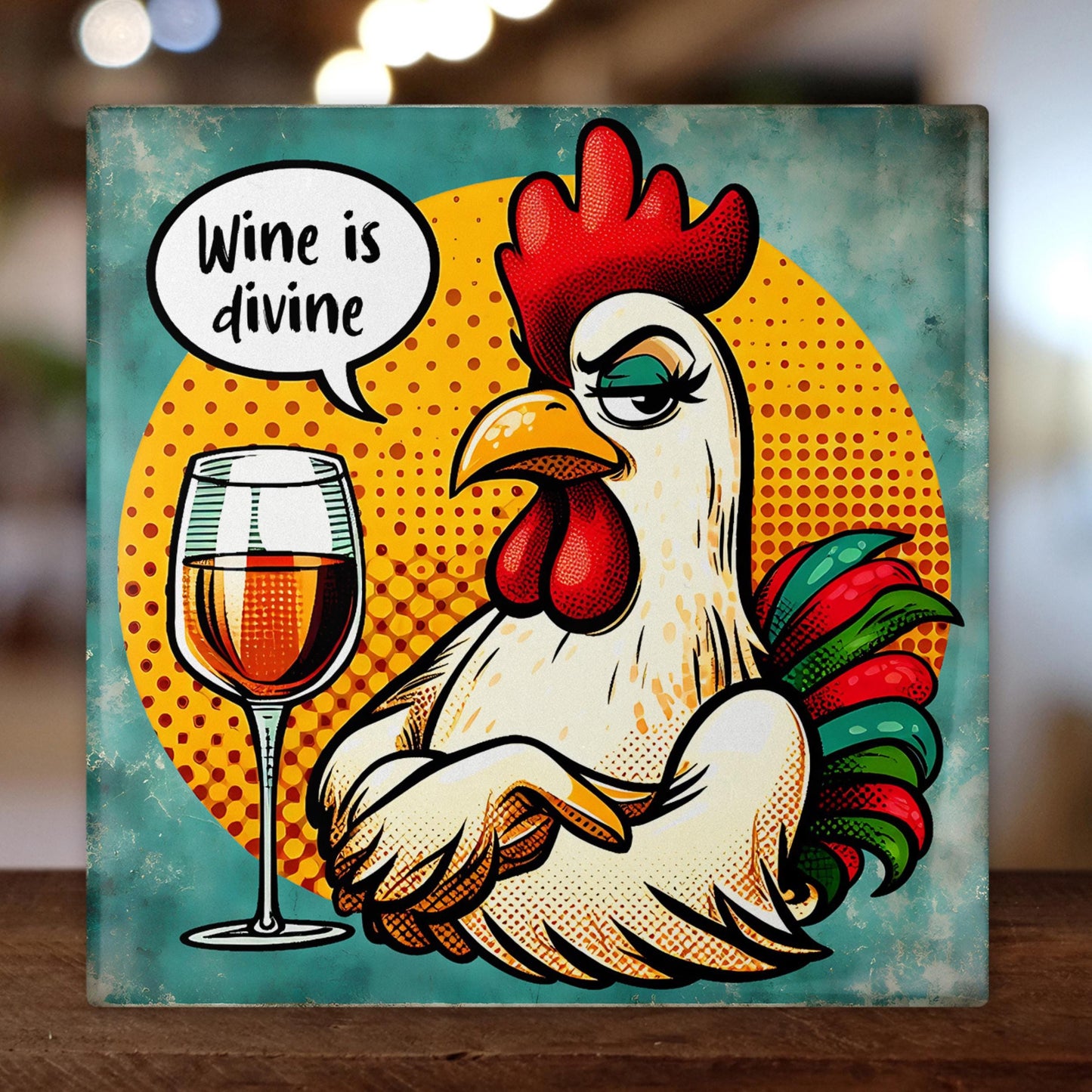 Funny Kitchen Art - Comical Chicken Wine Lover's Ceramic Tile - Great Housewarming Gift Idea - Home Decor