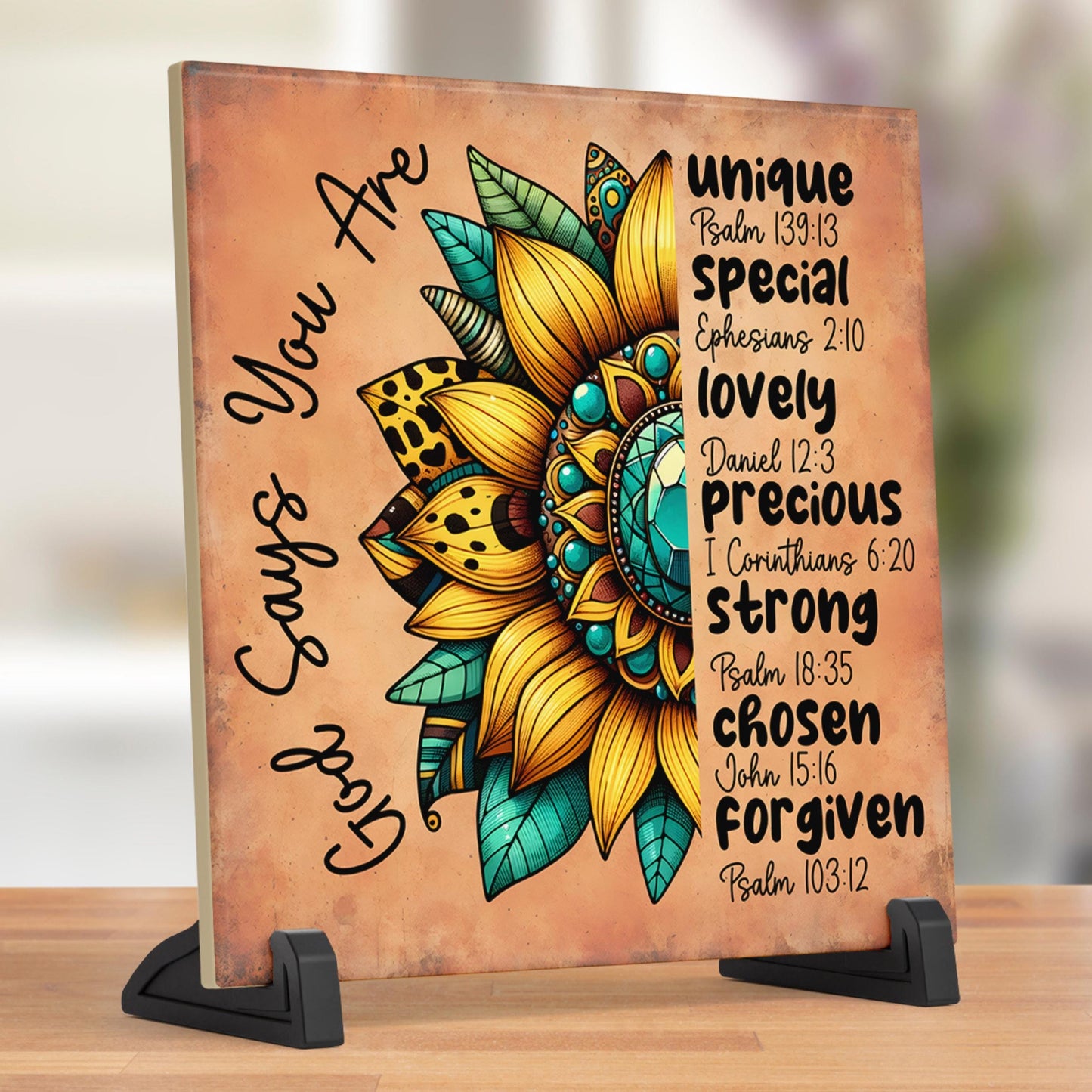 Christian Art - Ceramic Tile Wall Hanging - "God Says You Are" Inspirational Decor - Perfect Housewarming Gift - Kitchen Art