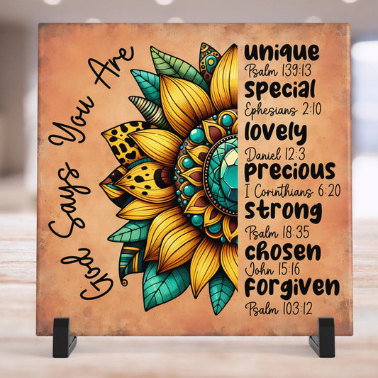 Christian Art - Ceramic Tile Wall Hanging - "God Says You Are" Inspirational Decor - Perfect Housewarming Gift - Kitchen Art